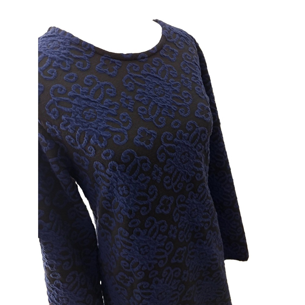 Norm Thompson Dress Medallion Jacquard Knit Shift Navy Blue Black Long Sleeve